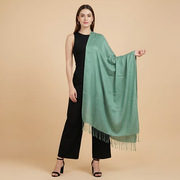 Solid Viscose Light Green Women Stole with Soft Drape & Fringed Finish | Lightweight Everyday Wrap (80 × 28 Inches)