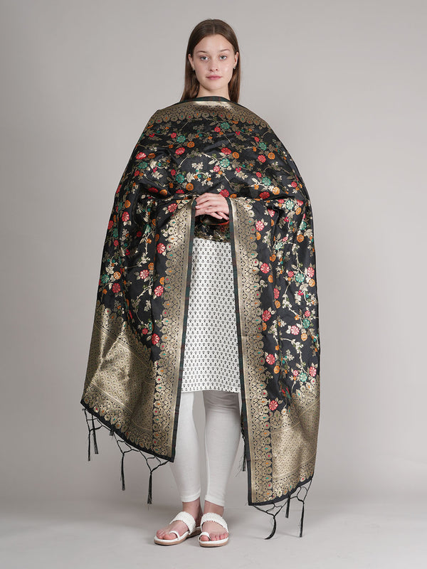 Black Paithani Silk Dupatta with Multicolour Floral Zari Weave (Size: 2.5x1 m Approx)