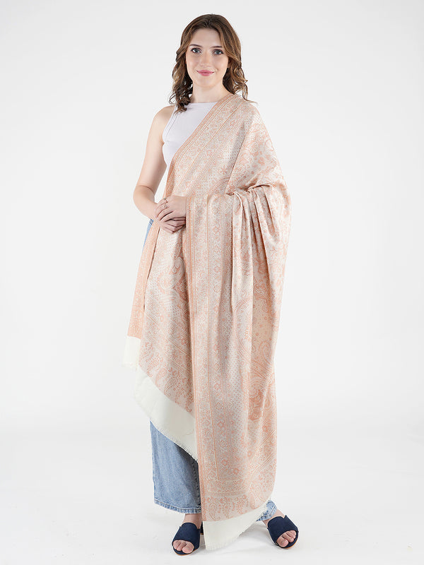 White Jamawar Wool Blend Women Shawl with Intricate Paisley Weave – 80×40 Inches