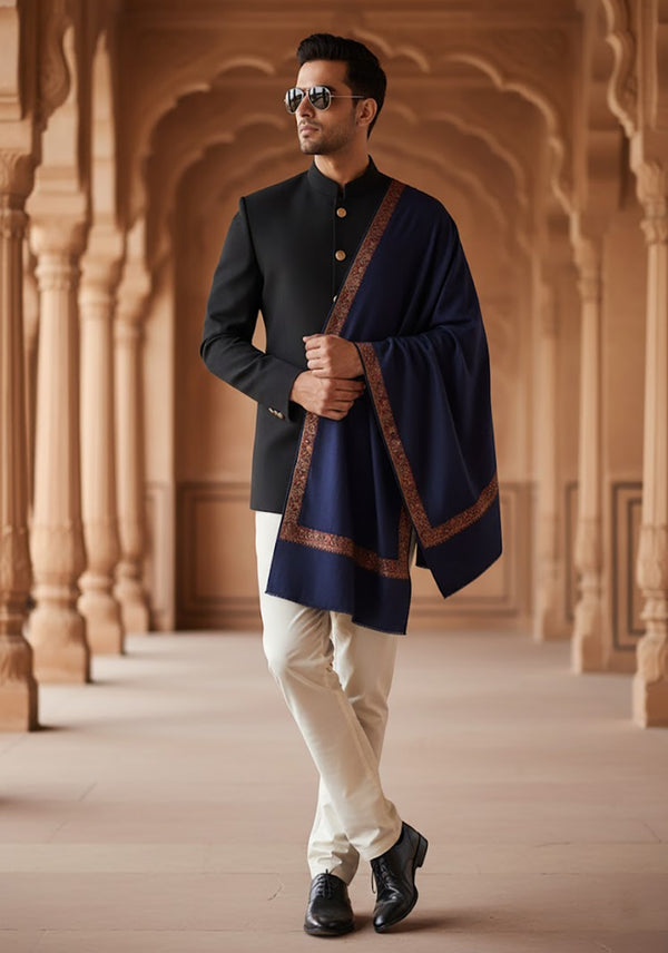 Blue Woolen Mens Shawl with Traditional Multicolour Embroidered Border (80 x 40 Inches)