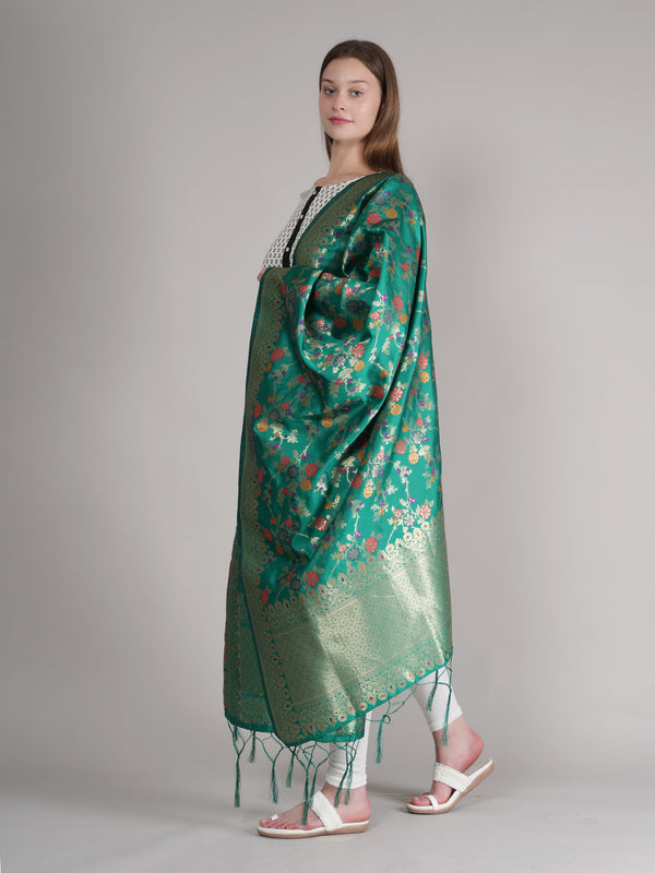 Emerald Green Paithani Silk Dupatta with Multicolour Floral Zari Weave (Size: 2.5x1 m Approx)