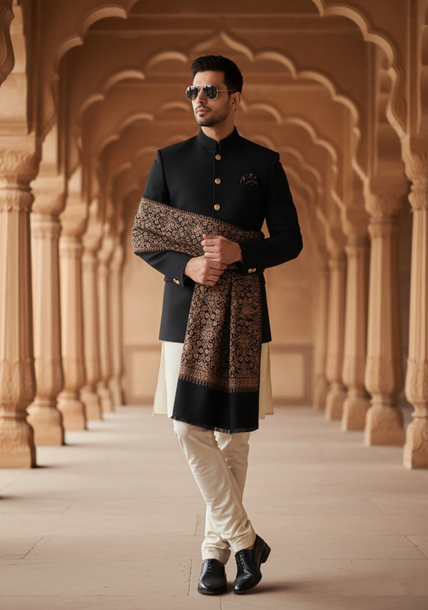 Woolen Mens Shawl with Intricate Traditional Motif & Ornate Woven Border | 80 x 40 Inches