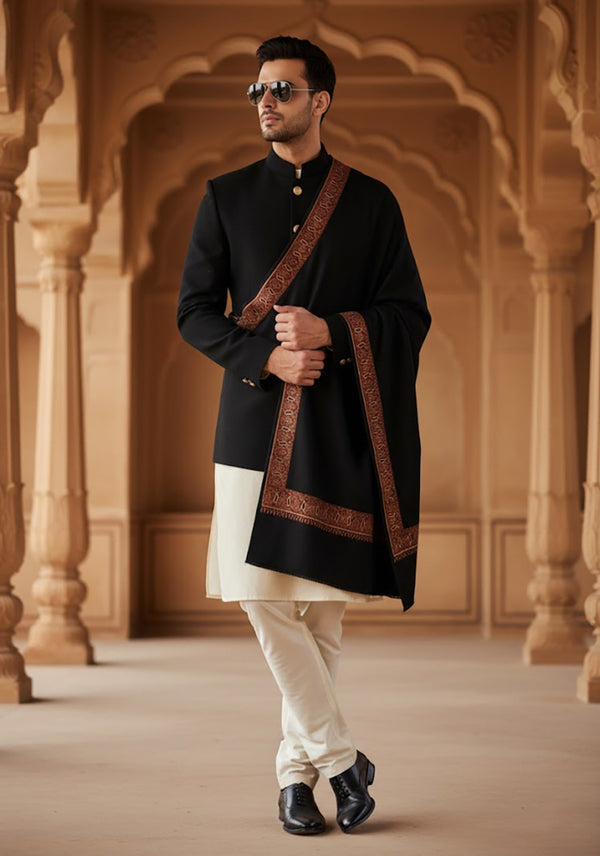 Woolen Mens Shawl in Warm Black with Heritage-Inspired Embroidered Border (80 x 40 Inches)