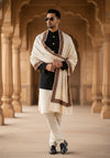 Woolen Mens Shawl in Warm White with Heritage-Inspired Embroidered Border (80 x 40 Inches)