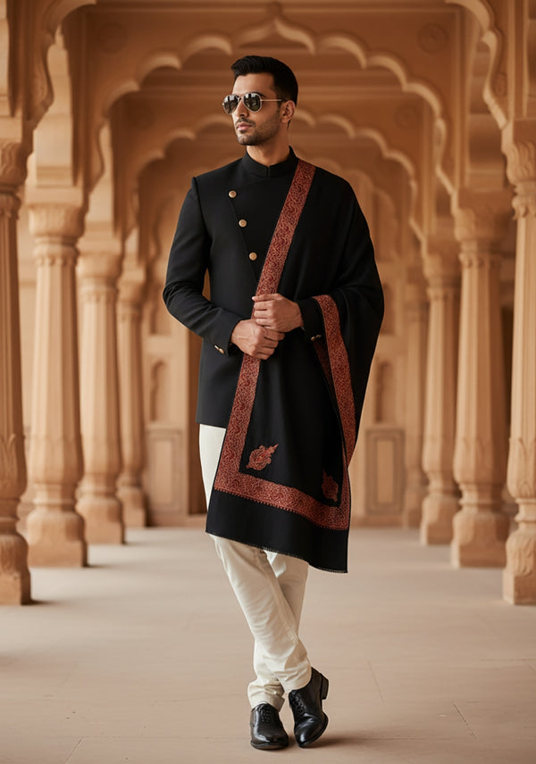 Elegant Black Woolen Mens Shawl with Embroidered Border – Ethnic Wrap (80 x 40 Inches)