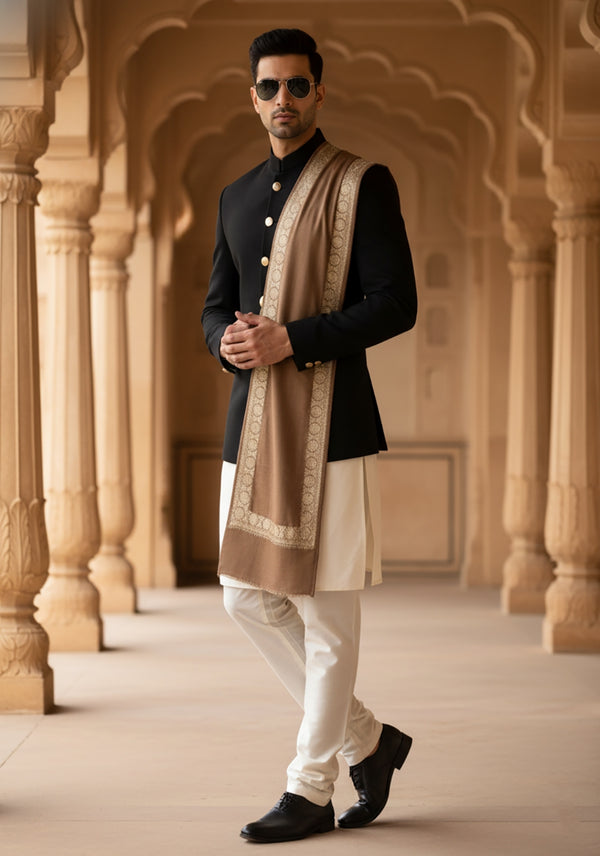 Brown Woolen Mens Shawl with Gold Border – 80x40 Inches