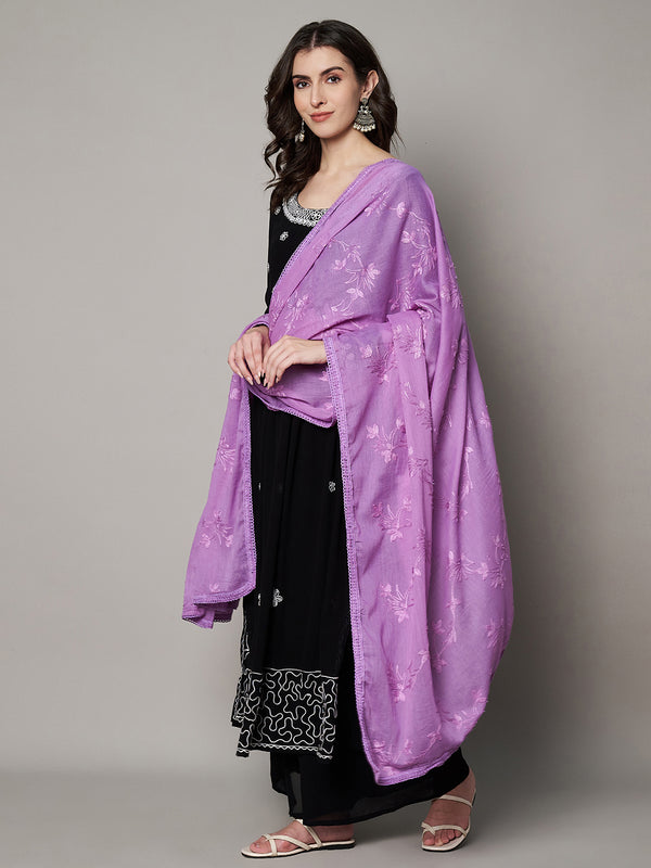 Soft Purple Dupatta with Cotton Thread Floral Embroidery & Lace Border (Size: 2.5x1 m Approx)