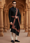 Woolen Mens Shawl in Black with Multicolour Kashmiri-Inspired Embroidered Border (80 x 40 Inches)