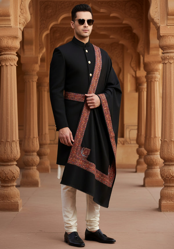 Woolen Mens Shawl in Black with Multicolour Kashmiri-Inspired Embroidered Border (80 x 40 Inches)