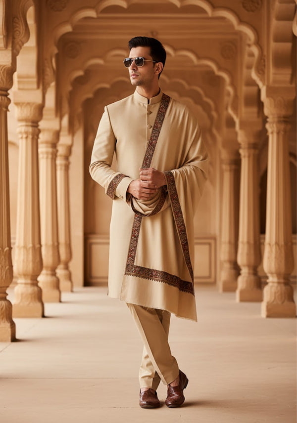 Beige Woolen Mens Shawl with Traditional Multicolour Embroidered Border (80 x 40 Inches)