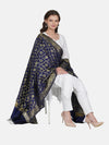 Dark Blue Banarasi Silk Dupatta with All-Over Woven Floral Motifs & Rich Zari Border (Size: 2.5x1 m Approx)