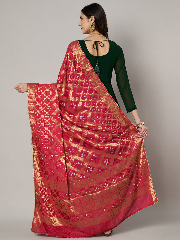 Red Silk Gharchola Bandhej Dupatta with Gold Zari Border (Size: 2.5x1 m Approx)