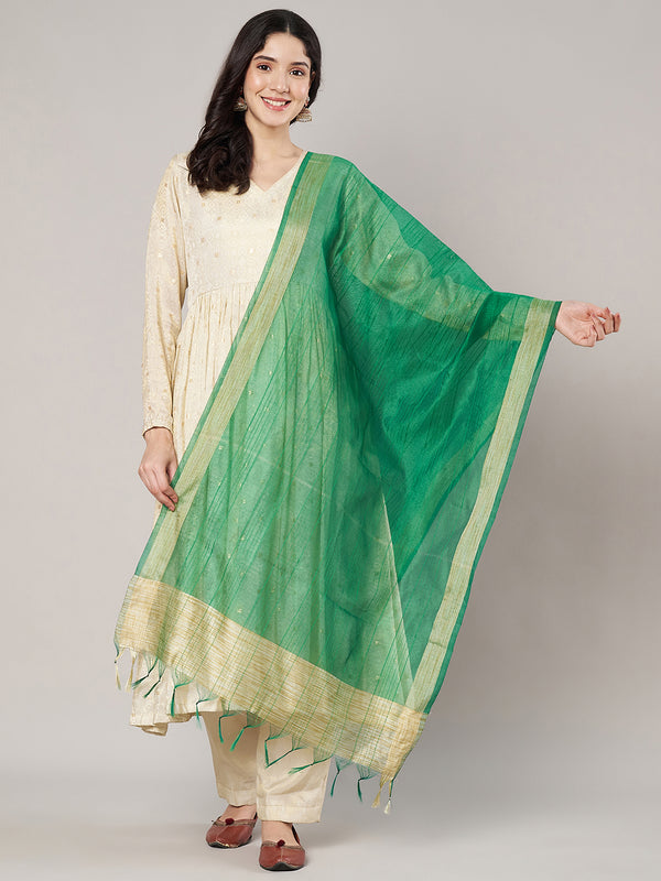 Green Chanderi Silk Dupatta with Gold Border & Tassels (Size: 2.5x1 m Approx)
