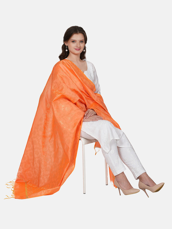 Orange Banarasi Silk Dupatta with All-Over Woven Floral Motifs & Rich Zari Border (Size: 2.5x1 m Approx)