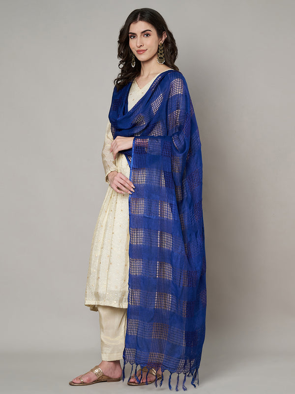 Blue Cotton Woven Check Dupatta with Tassel Detailing (Size: 2.5x1 m Approx)