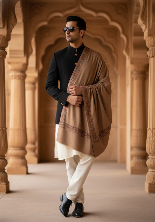 Brown Woolen Mens Shawl with Traditional Multicolour Embroidered Border (80 x 40 Inches)