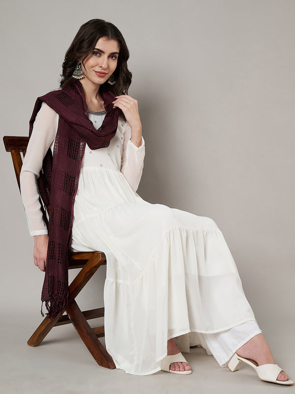 Maroon Cotton Woven Check Dupatta with Tassel Detailing (Size: 2.5x1 m Approx)