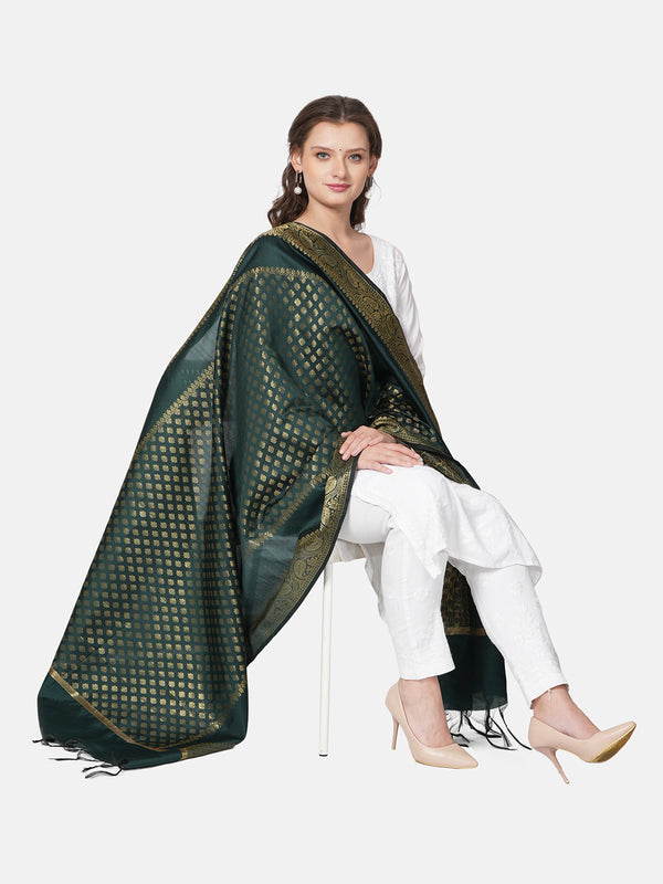 Bottle Green Banarasi Silk Dupatta with Woven Gold Zari Butti & Ornate Border (Size: 2.5x1 m Approx)