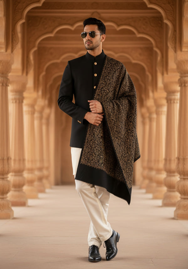 Woolen Mens Shawl in Black with All-Over Floral Jaal Weave (80 x 40 Inches)