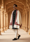 Woolen Mens Shawl in Ivory with Multicolour Kashmiri-Inspired Embroidered Border (80 x 40 Inches)