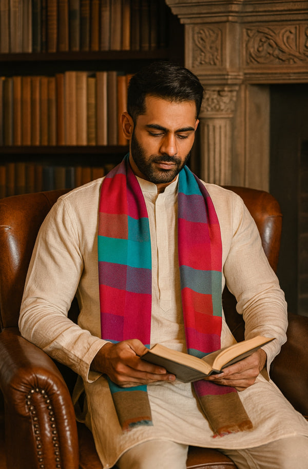 Bamboo Silk Mens Stole with Modern Checkered Pattern | Lightweight & Elegant | 80×28 Inches