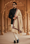 Woolen Mens Shawl in Beige with Multicolour Kashmiri-Inspired Embroidered Border (80 x 40 Inches)