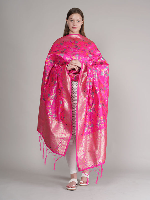 Rani Paithani Silk Dupatta with Multicolour Floral Zari Weave (Size: 2.5x1 m Approx)