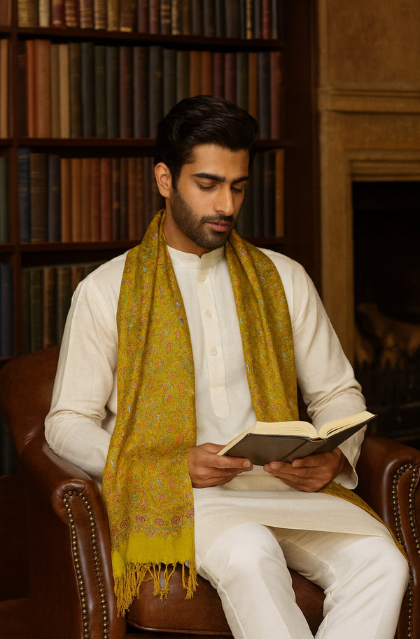 Bamboo Silk Mustard Kashmiri Mens Stole with Classic Paisley Weave | Elegant Ethnic Accessory | 80×28 Inches