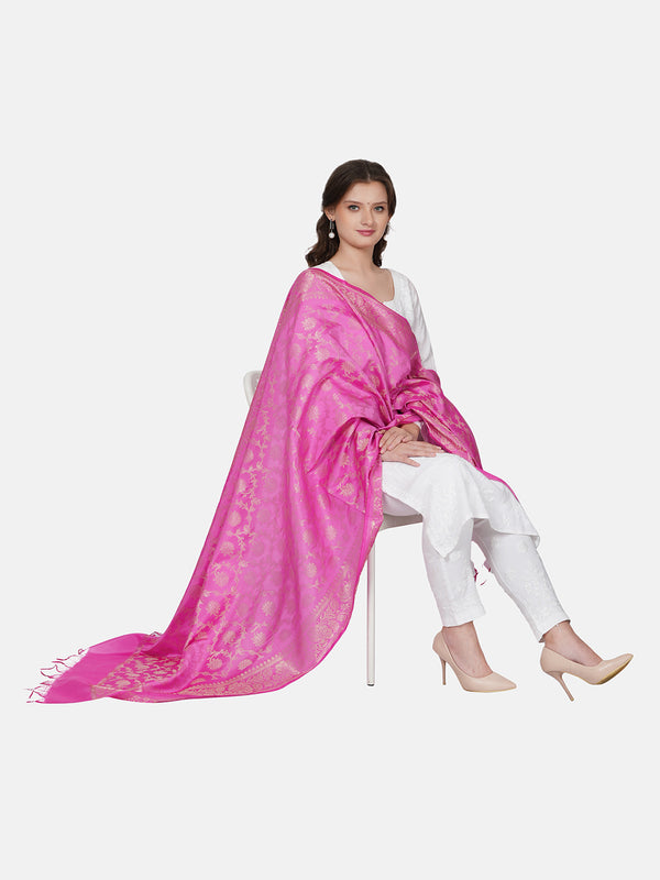 Pink Banarasi Silk Dupatta with All-Over Woven Floral Motifs & Rich Zari Border (Size: 2.5x1 m Approx)
