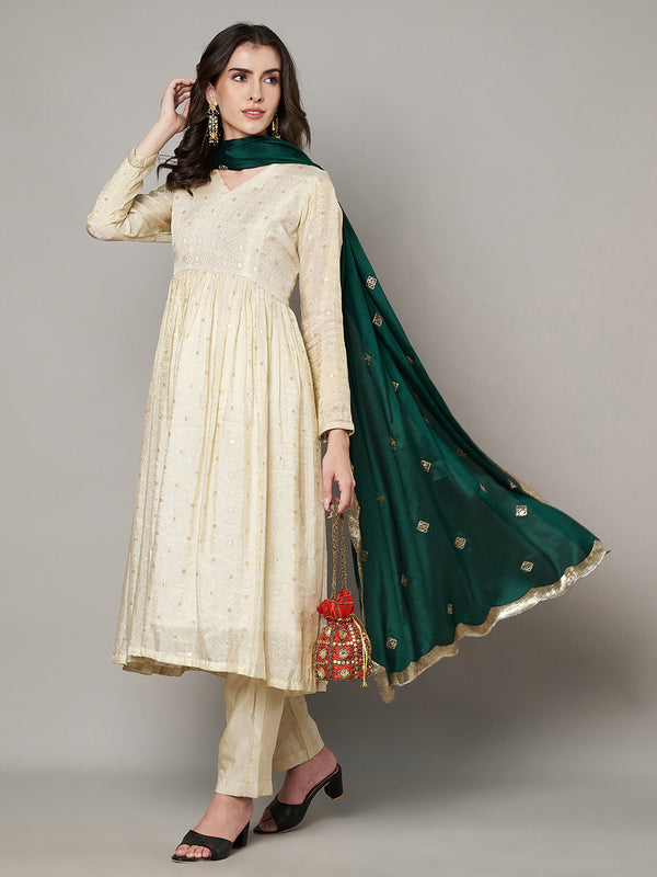 Bottle Green Chiffon Dupatta with Gold Motif Embellishment & Scalloped Border (Size: 2.5x1 m Approx)