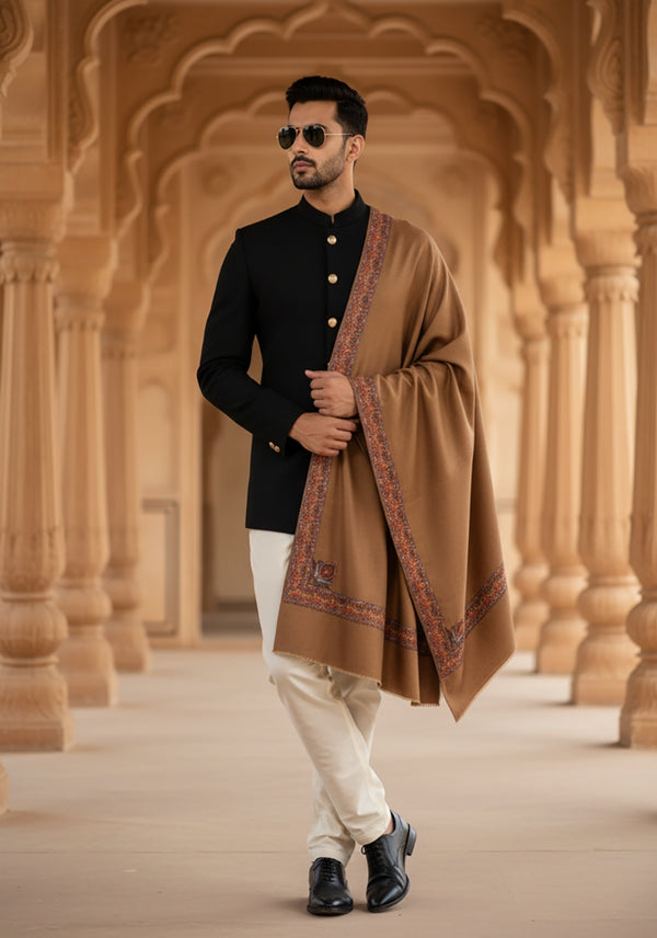 Woolen Mens Shawl in Brown with Multicolour Kashmiri-Inspired Embroidered Border (80 x 40 Inches)