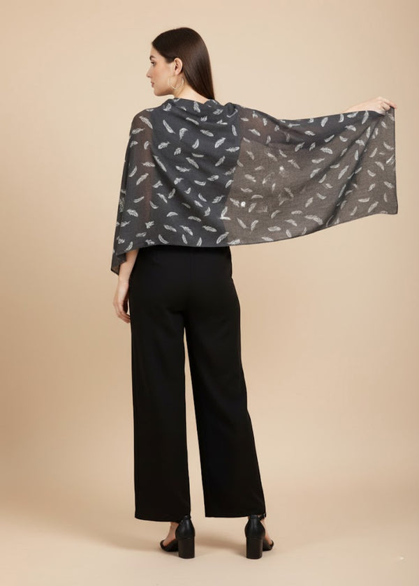 Micro Wool Black Feather Motif Women Stole | Soft Wrap with Subtle Woven Accents (80 × 28 Inches)