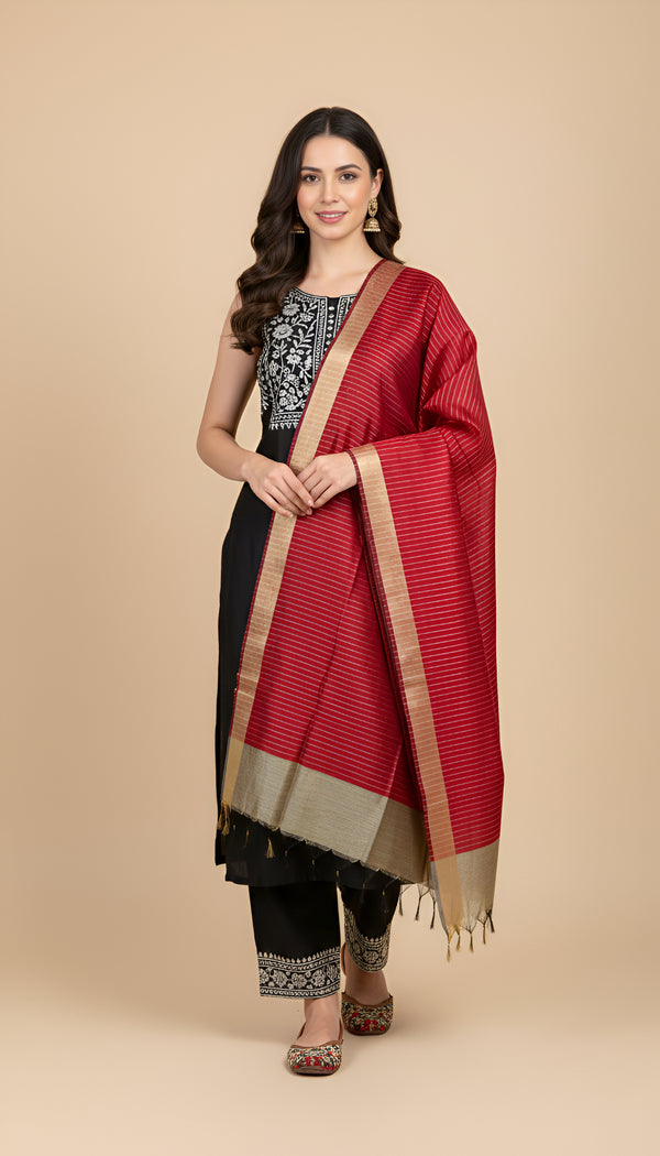 Red Striped Silk Dupatta with Zari Border | Elegant Ethnic Drape (2.5 Metres Approx.)