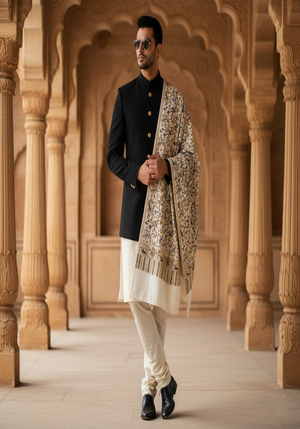 Woolen Mens Shawl with Traditional Bird & Floral Jaal Motifs and Ornate Woven Border (80 x 40 Inches)