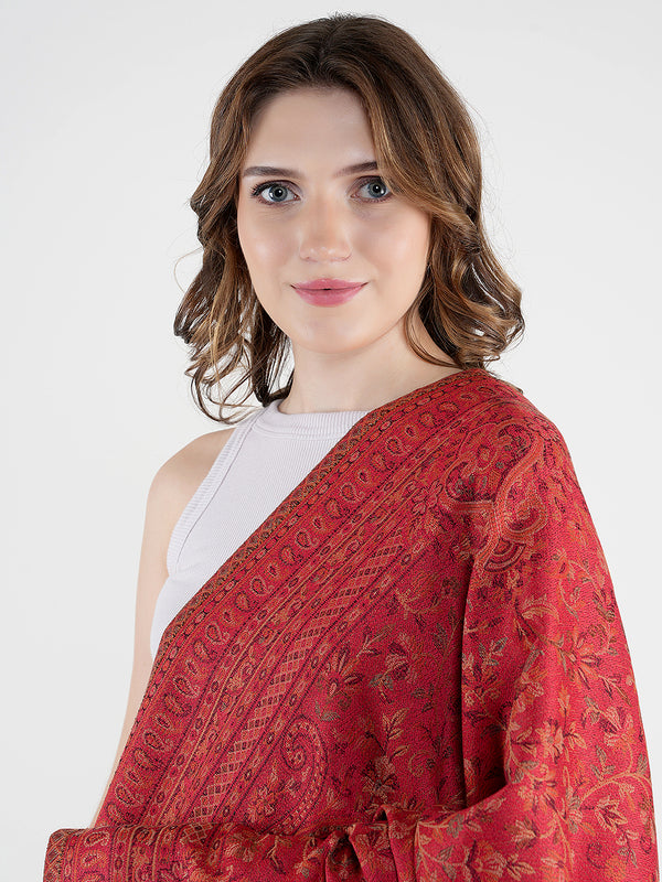 Red Jamawar Wool Blend Women Shawl with Intricate Paisley Weave – 80×40 Inches