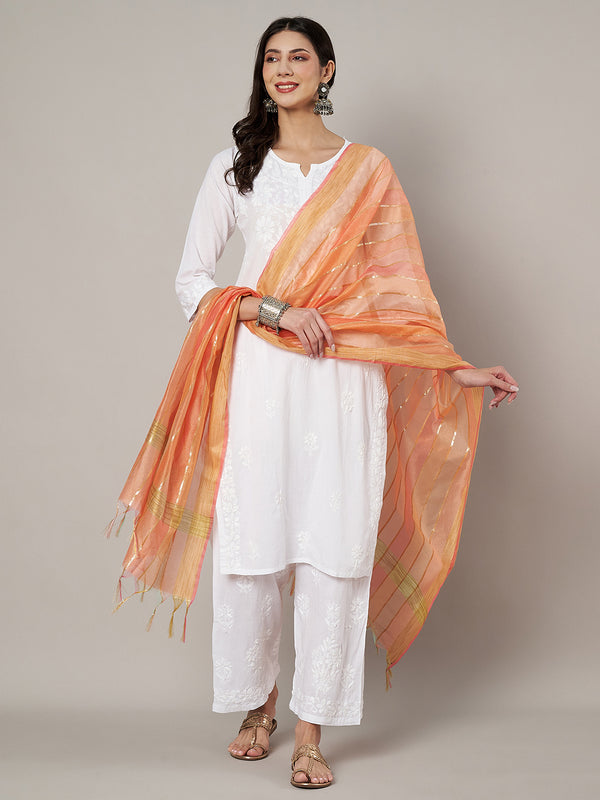 Peach Chanderi Silk Dupatta with Gold Zari Stripes (Size: 2.5x1 m Approx)