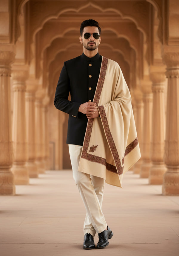 Elegant Beige Woolen Mens Shawl with Embroidered Border – Ethnic Wrap (80 x 40 Inches)