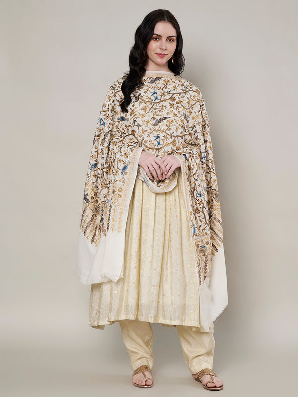 Woolen Women Shawl with Traditional Bird & Floral Jaal Motifs and Ornate Woven Border (80 x 40 Inches)