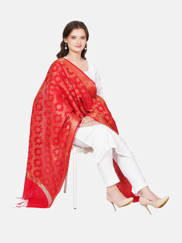 Red Banarasi Silk Dupatta with Elegant Woven Floral Jaal (Size: 2.5x1 m Approx)