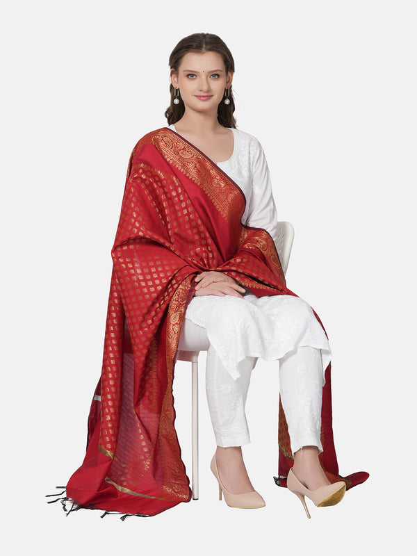 Deep Red Banarasi Silk Dupatta with Woven Gold Zari Butti & Ornate Border (Size: 2.5x1 m Approx)