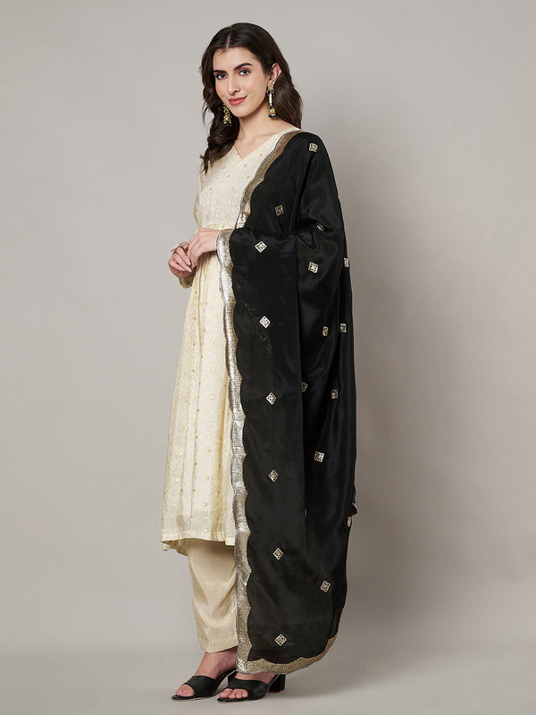 Black Chiffon Dupatta with Gold Motif Embellishment & Scalloped Border (Size: 2.5x1 m Approx)
