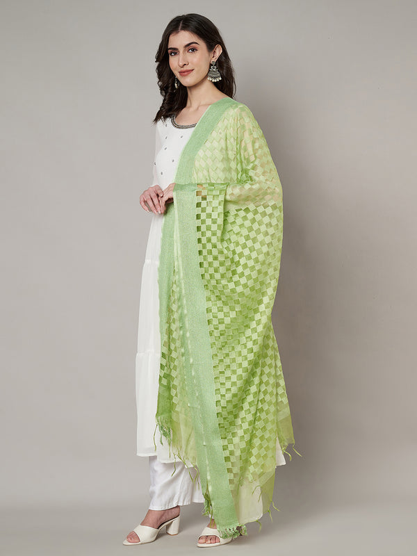 Green Cutwork Cotton Dupatta with Tassels (Size: 2.5x1 m Approx)