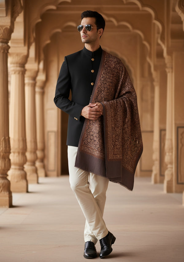 Woolen Mens Shawl with Intricate Traditional Motif & Ornate Woven Border | 80 x 40 Inches