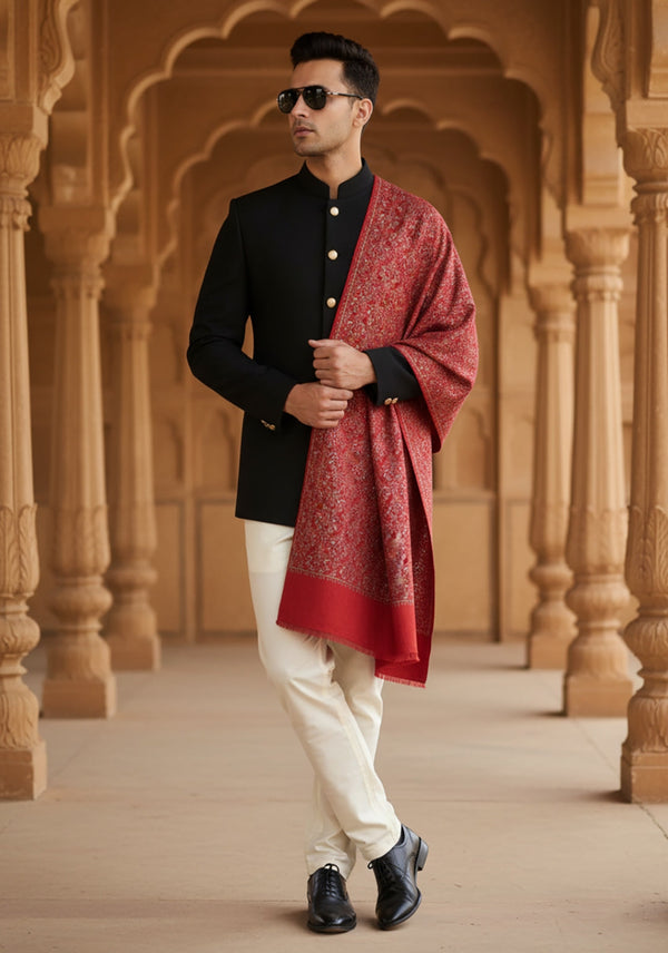 Woolen Mens Shawl in Maroon with All-Over Floral Jaal Weave (80 x 40 Inches)