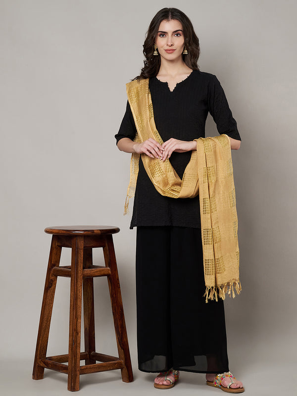 Beige Cotton Woven Check Dupatta with Tassel Detailing (Size: 2.5x1 m Approx)