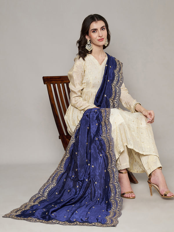 Blue Chinon Dupatta with Scalloped Embroidered Border & Sequin Motifs (Size: 2.5x1 m Approx)