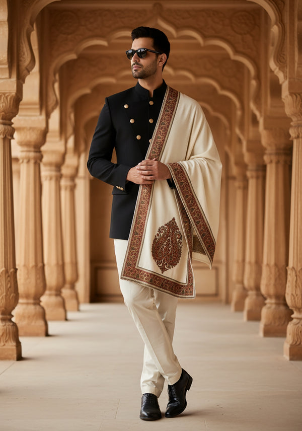 Ivory Woolen Mens Shawl with Intricate Embroidered Detailing – Heritage Wrap (80 x 40 Inches)