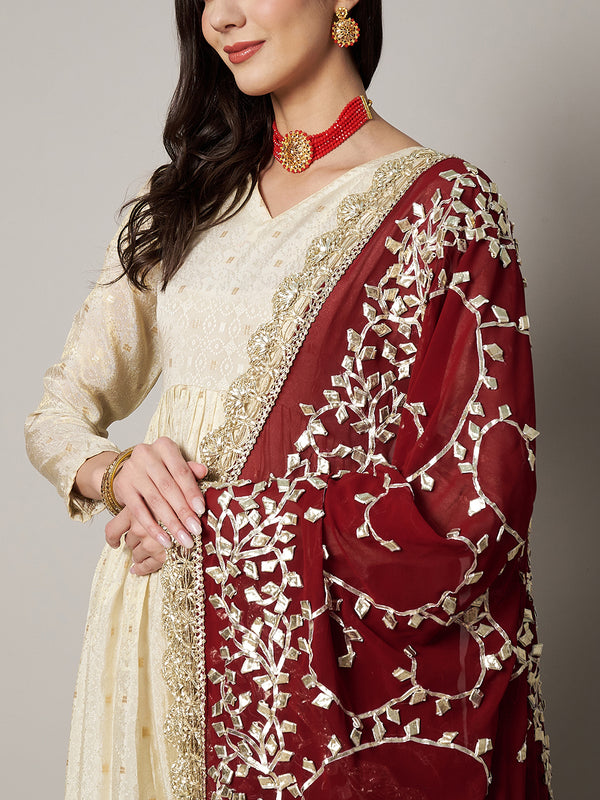 Maroon Georgette Dupatta with Hand Gota Patti Work (Size: 2.5x1 m Approx)