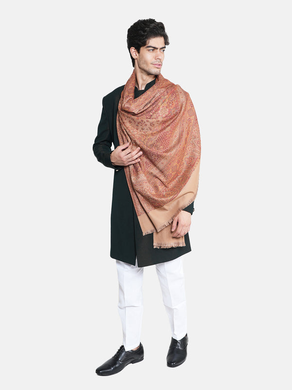 Brown Jamawar Wool Blend Mens Shawl with Intricate Paisley Weave – 80×40 Inches
