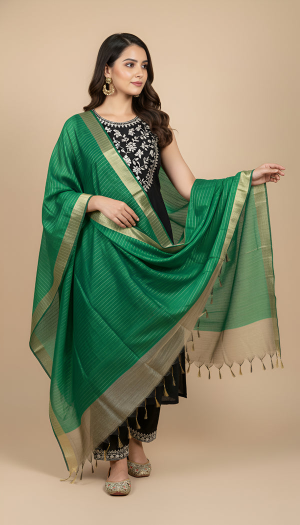 Light Green Striped Silk Dupatta with Zari Border | Elegant Ethnic Drape (2.5 Metres Approx.)